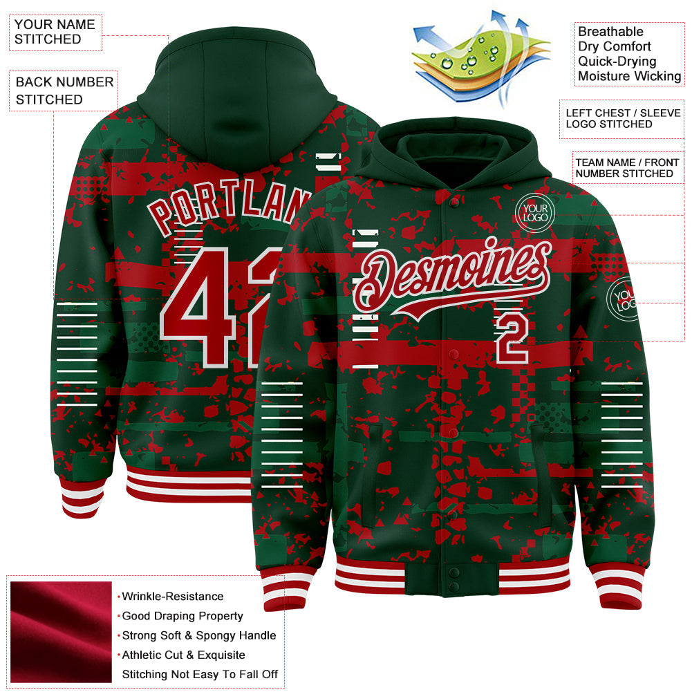 Custom Green Red Kelly Green-White Abstract Fragment Shape Bomber Full-Snap Varsity Letterman Hoodie Jacket view 4