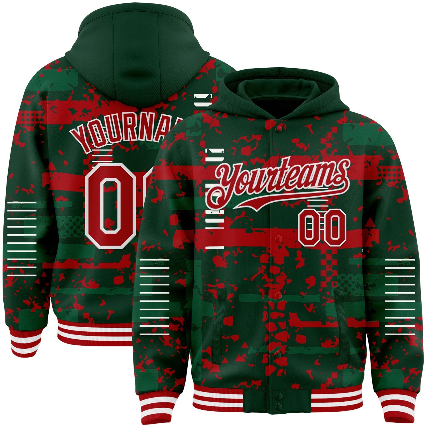 Custom Green Red Kelly Green-White Abstract Fragment Shape Bomber Full-Snap Varsity Letterman Hoodie Jacket - Main View