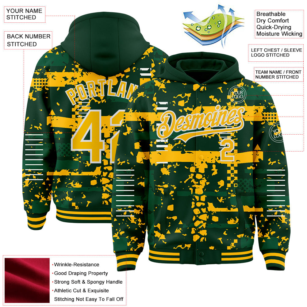 Custom Green Gold Kelly Green-White Abstract Fragment Shape Bomber Full-Snap Varsity Letterman Hoodie Jacket view 4
