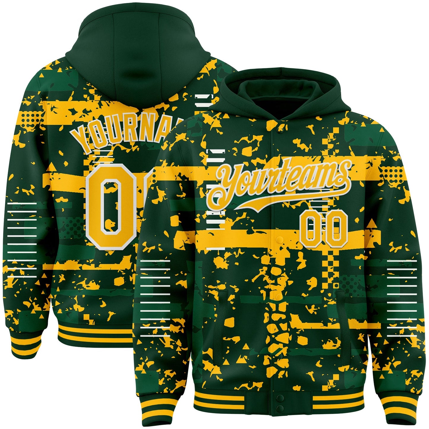 Custom Green Gold Kelly Green-White Abstract Fragment Shape Bomber Full-Snap Varsity Letterman Hoodie Jacket - Main View