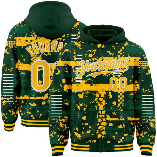 Custom Green Gold Kelly Green-White Abstract Fragment Shape Bomber Full-Snap Varsity Letterman Hoodie Jacket - Main View