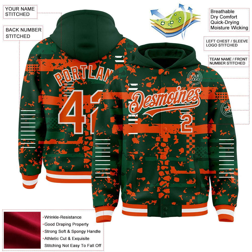 Custom Green Orange Kelly Green-White Abstract Fragment Shape Bomber Full-Snap Varsity Letterman Hoodie Jacket view 4