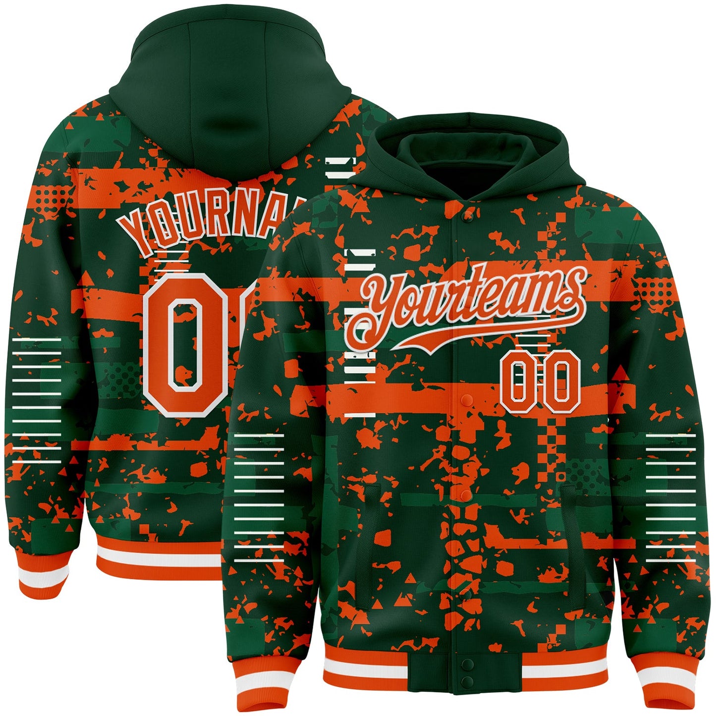Custom Green Orange Kelly Green-White Abstract Fragment Shape Bomber Full-Snap Varsity Letterman Hoodie Jacket - Main View