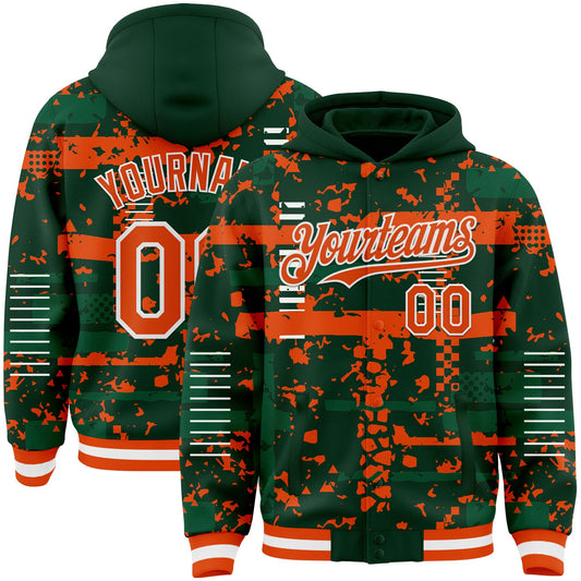 Custom Green Orange Kelly Green-White Abstract Fragment Shape Bomber Full-Snap Varsity Letterman Hoodie Jacket - Main View