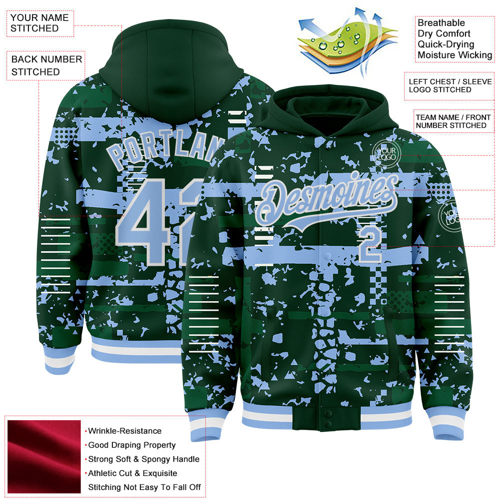 Custom Green Light Blue Kelly Green-White Abstract Fragment Shape Bomber Full-Snap Varsity Letterman Hoodie Jacket view 4
