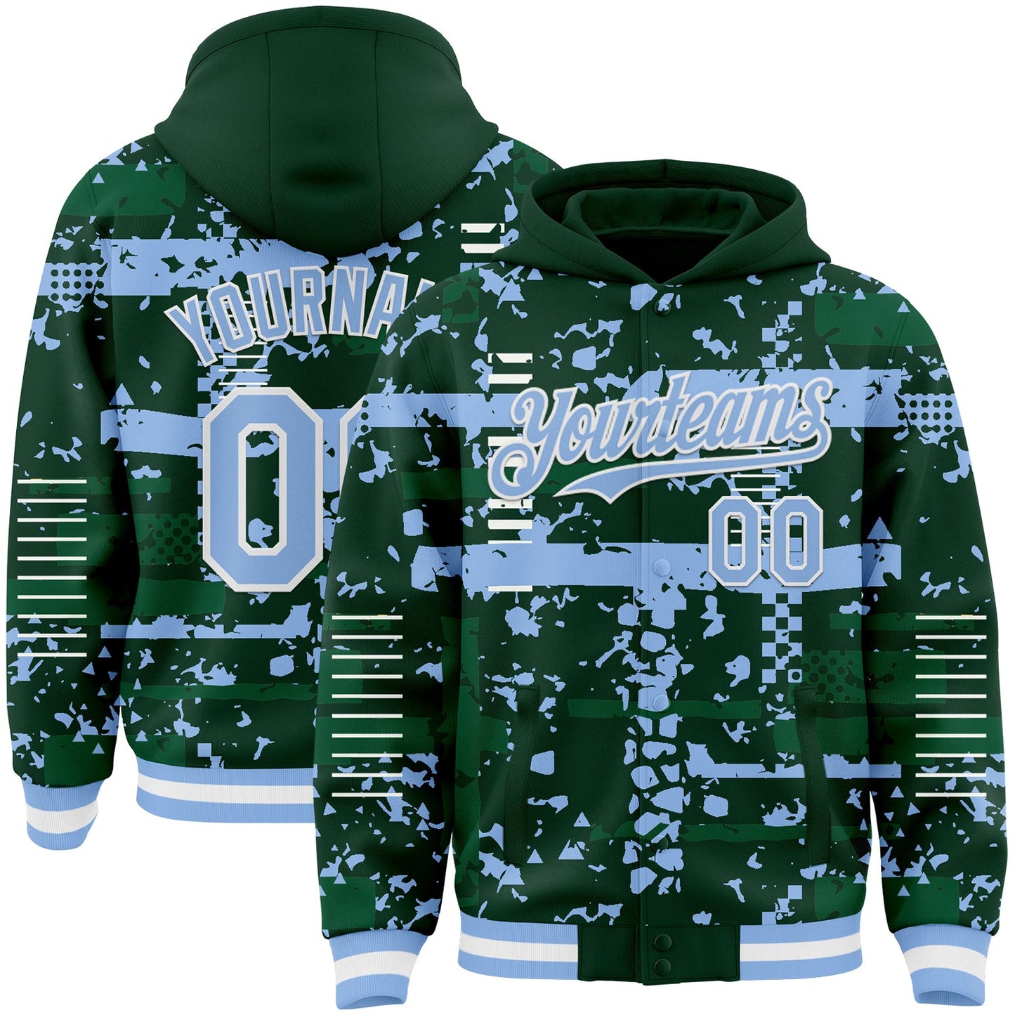 Custom Green Light Blue Kelly Green-White Abstract Fragment Shape Bomber Full-Snap Varsity Letterman Hoodie Jacket - Main View