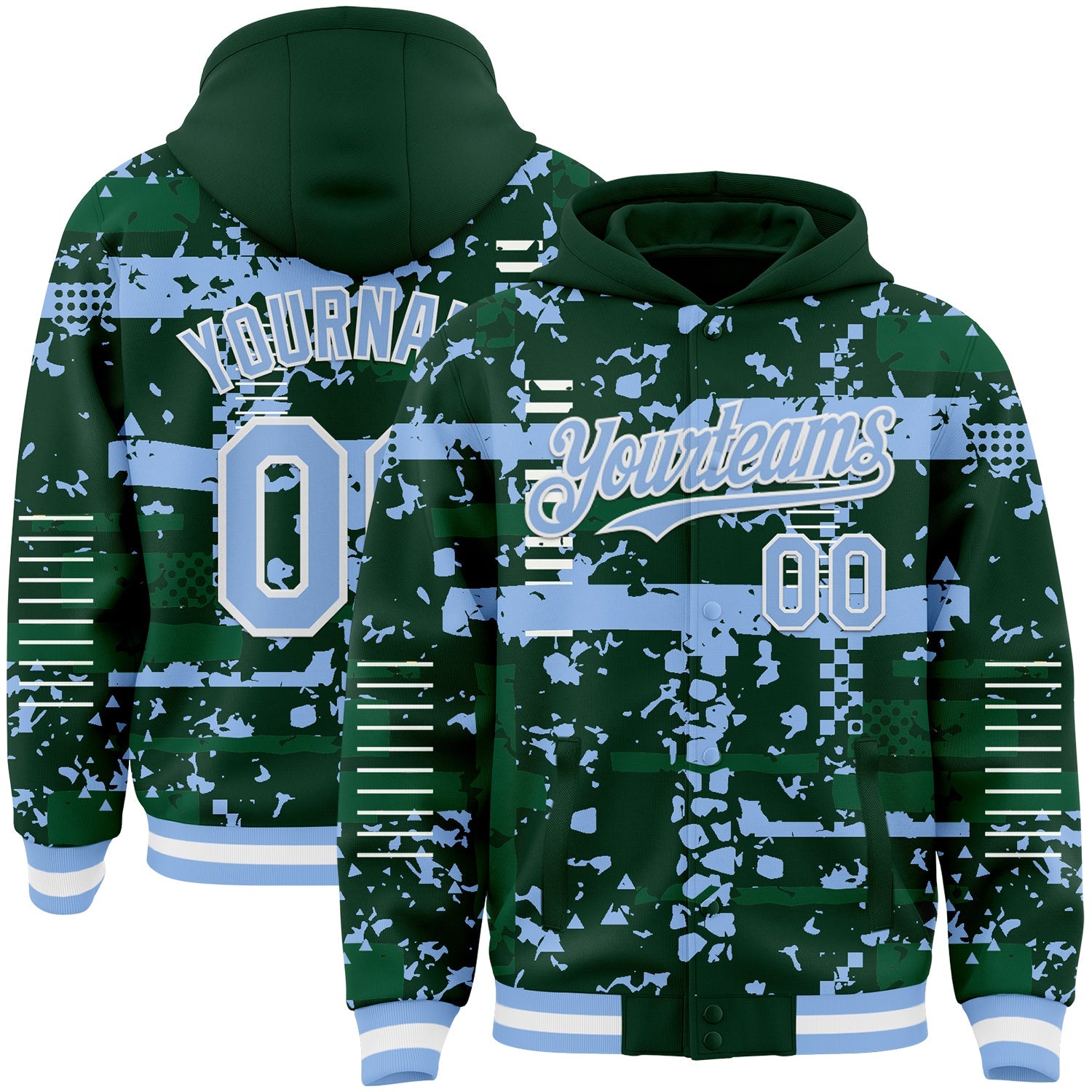 Custom Green Light Blue Kelly Green-White Abstract Fragment Shape Bomber Full-Snap Varsity Letterman Hoodie Jacket - Main View