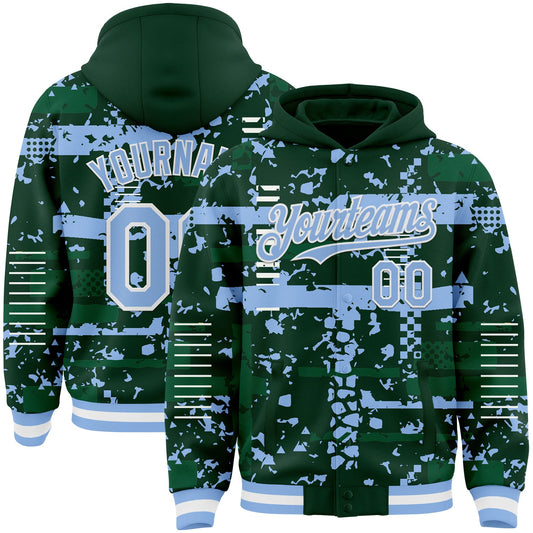 Custom Green Light Blue Kelly Green-White Abstract Fragment Shape Bomber Full-Snap Varsity Letterman Hoodie Jacket - Main View