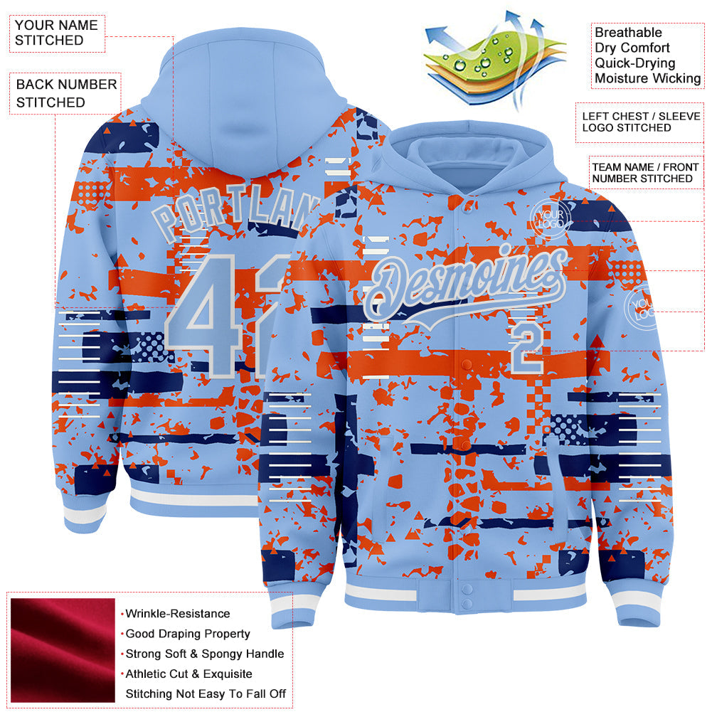 Custom Light Blue Royal Orange-White Abstract Fragment Shape Bomber Full-Snap Varsity Letterman Hoodie Jacket view 4