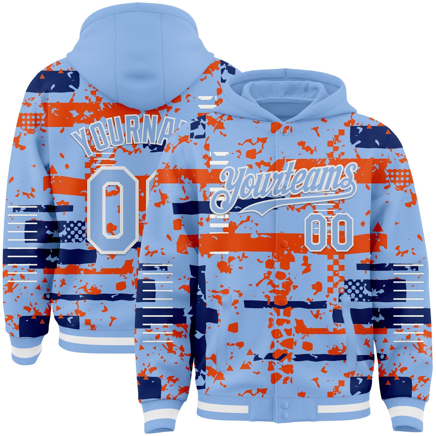 Custom Light Blue Royal Orange-White Abstract Fragment Shape Bomber Full-Snap Varsity Letterman Hoodie Jacket - Main View