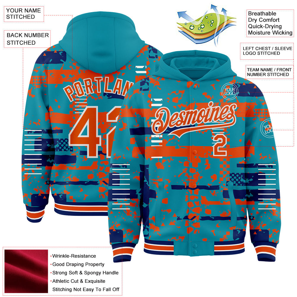 Custom Teal Orange Royal-White Abstract Fragment Shape Bomber Full-Snap Varsity Letterman Hoodie Jacket view 4