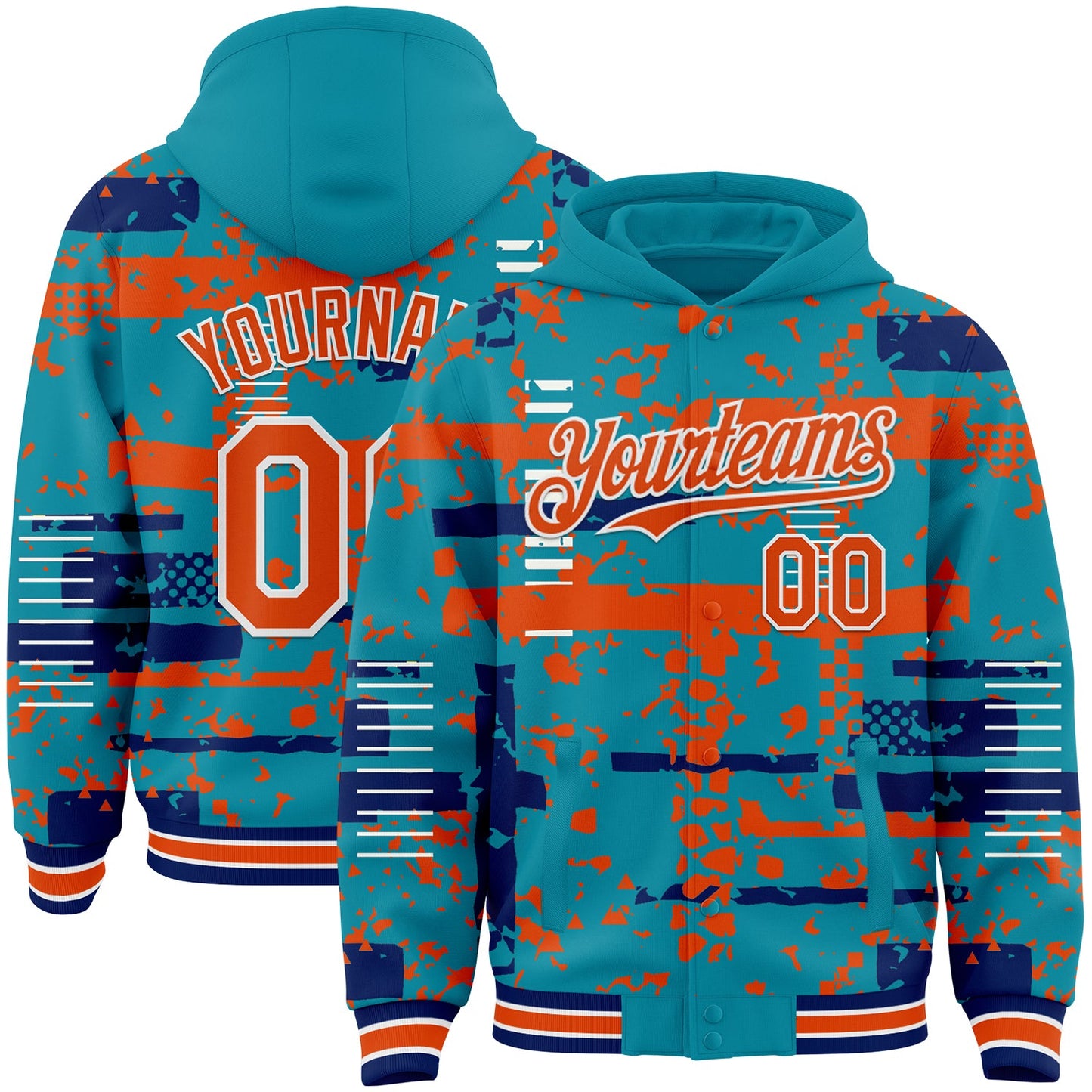 Custom Teal Orange Royal-White Abstract Fragment Shape Bomber Full-Snap Varsity Letterman Hoodie Jacket - Main View