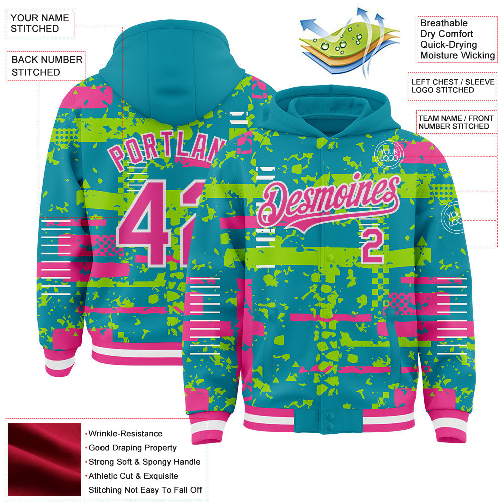 Custom Teal Pink Neon Green-White Abstract Fragment Shape Bomber Full-Snap Varsity Letterman Hoodie Jacket view 4
