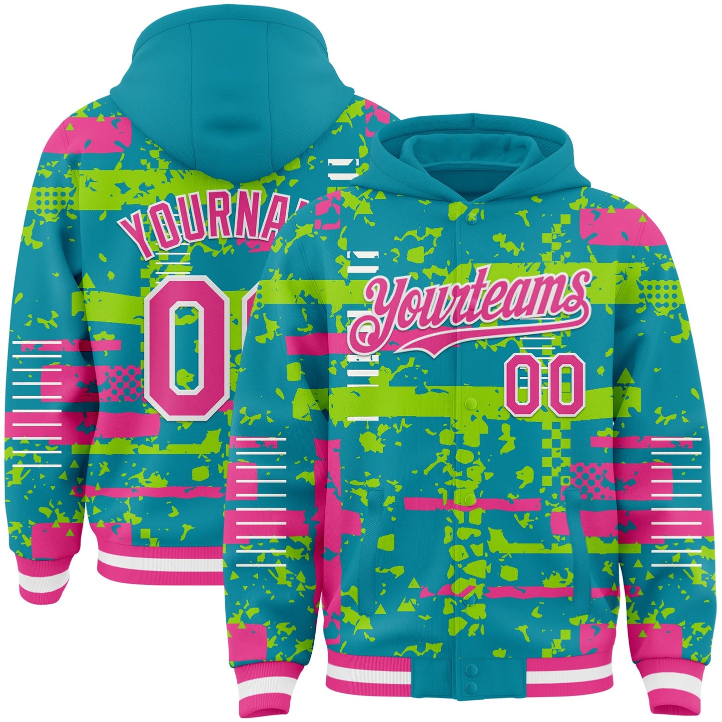 Custom Teal Pink Neon Green-White Abstract Fragment Shape Bomber Full-Snap Varsity Letterman Hoodie Jacket - Main View
