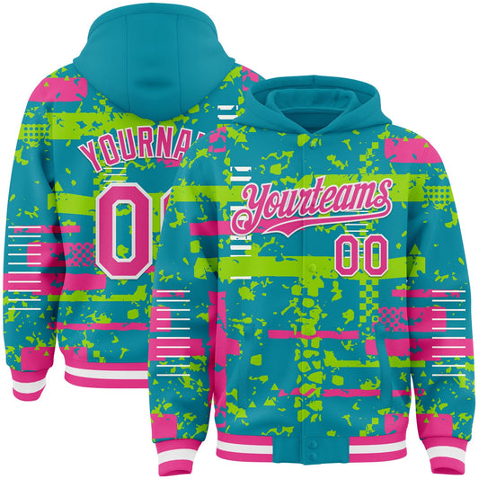 Custom Teal Pink Neon Green-White Abstract Fragment Shape Bomber Full-Snap Varsity Letterman Hoodie Jacket - Main View