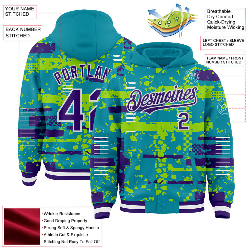 Custom Teal Purple Neon Green-White Abstract Fragment Shape Bomber Full-Snap Varsity Letterman Hoodie Jacket view 4