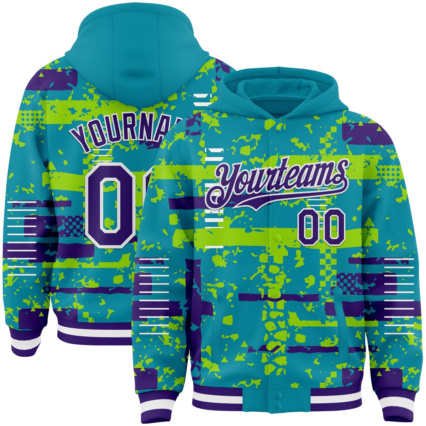 Custom Teal Purple Neon Green-White Abstract Fragment Shape Bomber Full-Snap Varsity Letterman Hoodie Jacket - Main View