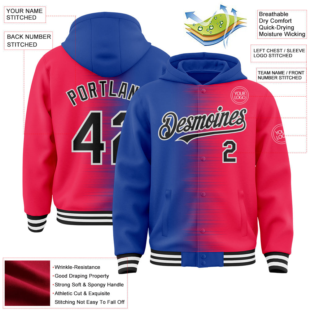Custom Royal Black Red-White Gradient Line Bomber Full-Snap Varsity Letterman Hoodie Jacket view 4