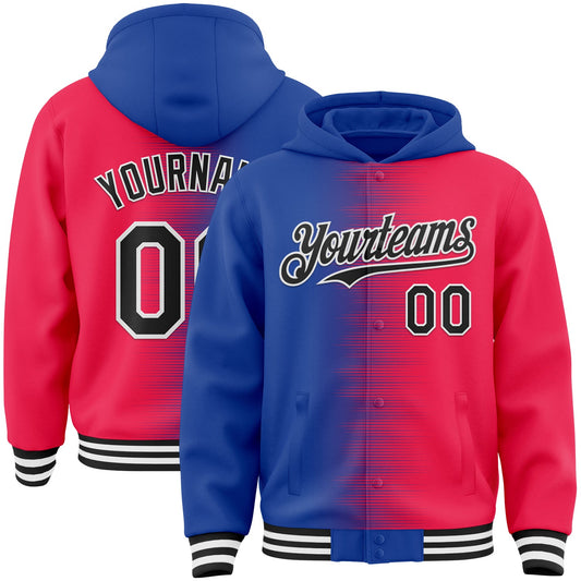 Custom Royal Black Red-White Gradient Line Bomber Full-Snap Varsity Letterman Hoodie Jacket - Main View