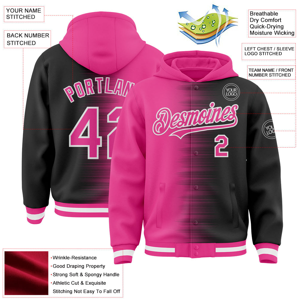 Custom Pink Black-White Gradient Line Bomber Full-Snap Varsity Letterman Hoodie Jacket view 4
