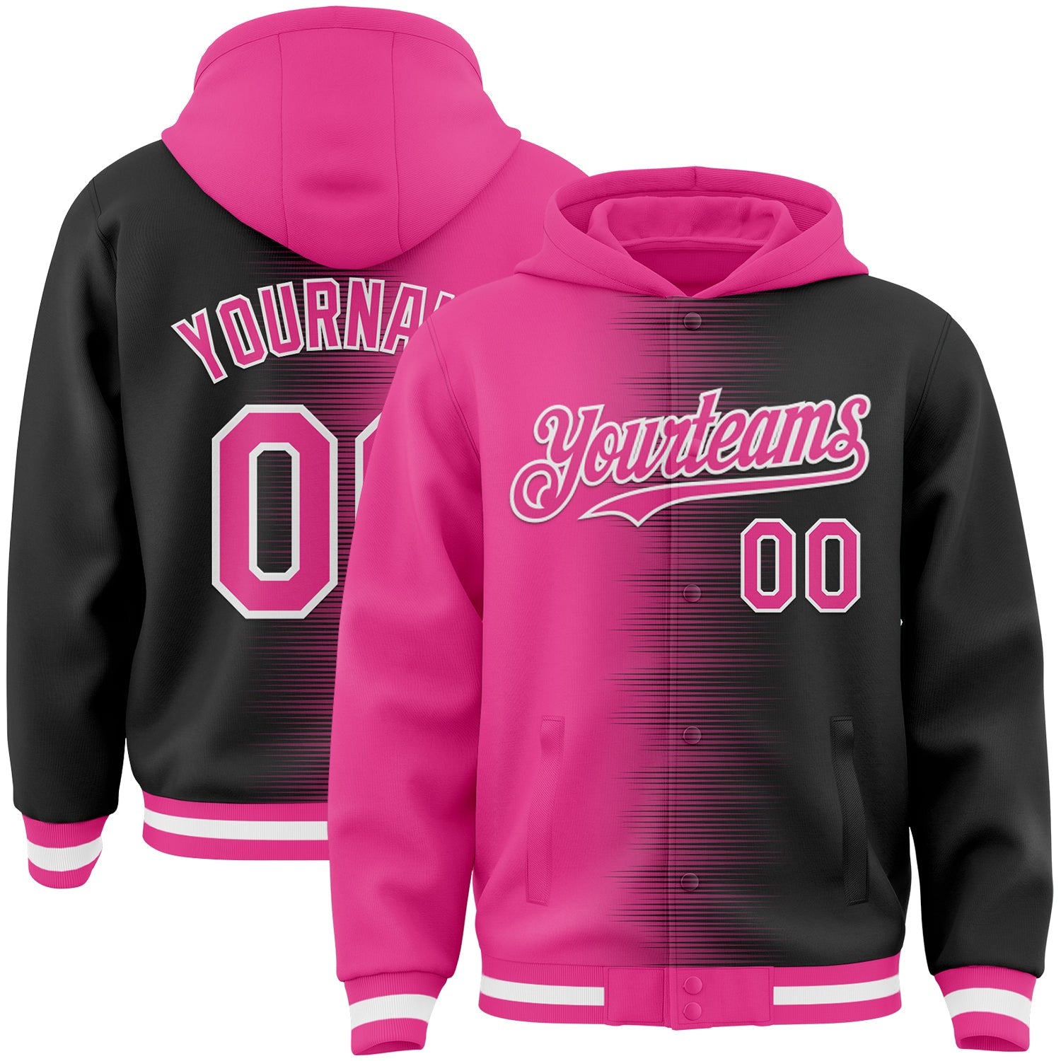 Custom Pink Black-White Gradient Line Bomber Full-Snap Varsity Letterman Hoodie Jacket - Main View