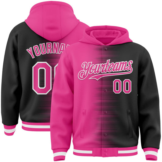 Custom Pink Black-White Gradient Line Bomber Full-Snap Varsity Letterman Hoodie Jacket - Main View