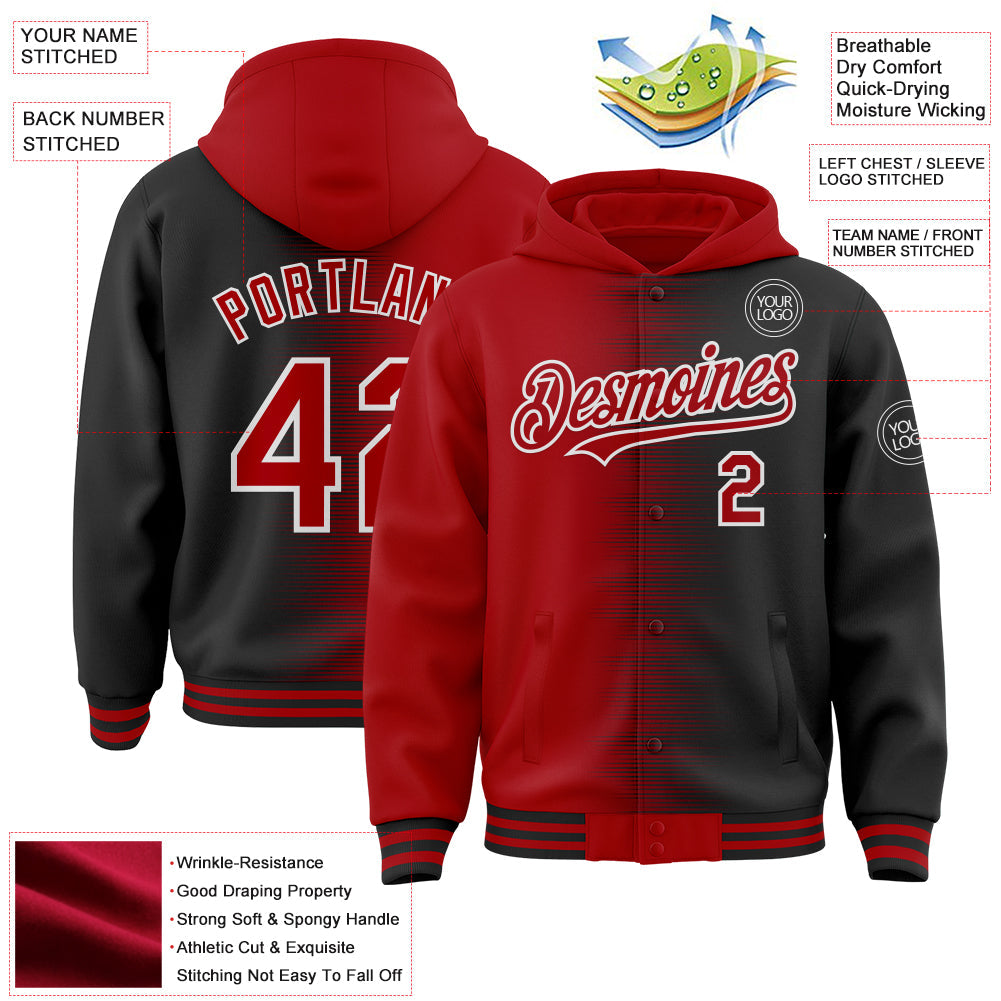 Custom Red Black-White Gradient Line Bomber Full-Snap Varsity Letterman Hoodie Jacket view 4