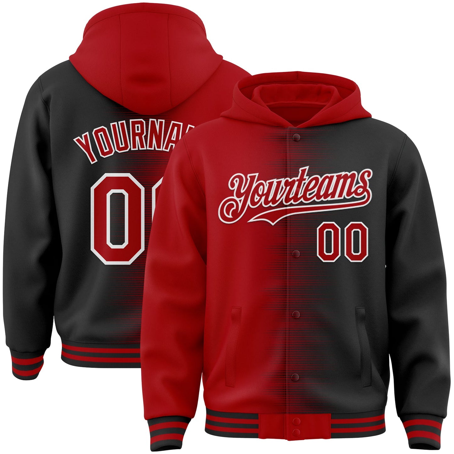 Custom Red Black-White Gradient Line Bomber Full-Snap Varsity Letterman Hoodie Jacket - Main View