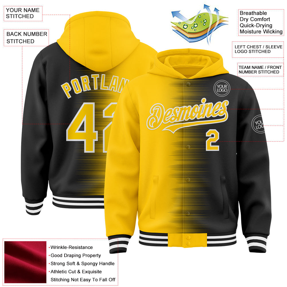 Custom Yellow Black-White Gradient Line Bomber Full-Snap Varsity Letterman Hoodie Jacket view 4