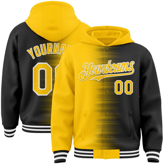 Custom Yellow Black-White Gradient Line Bomber Full-Snap Varsity Letterman Hoodie Jacket - Main View