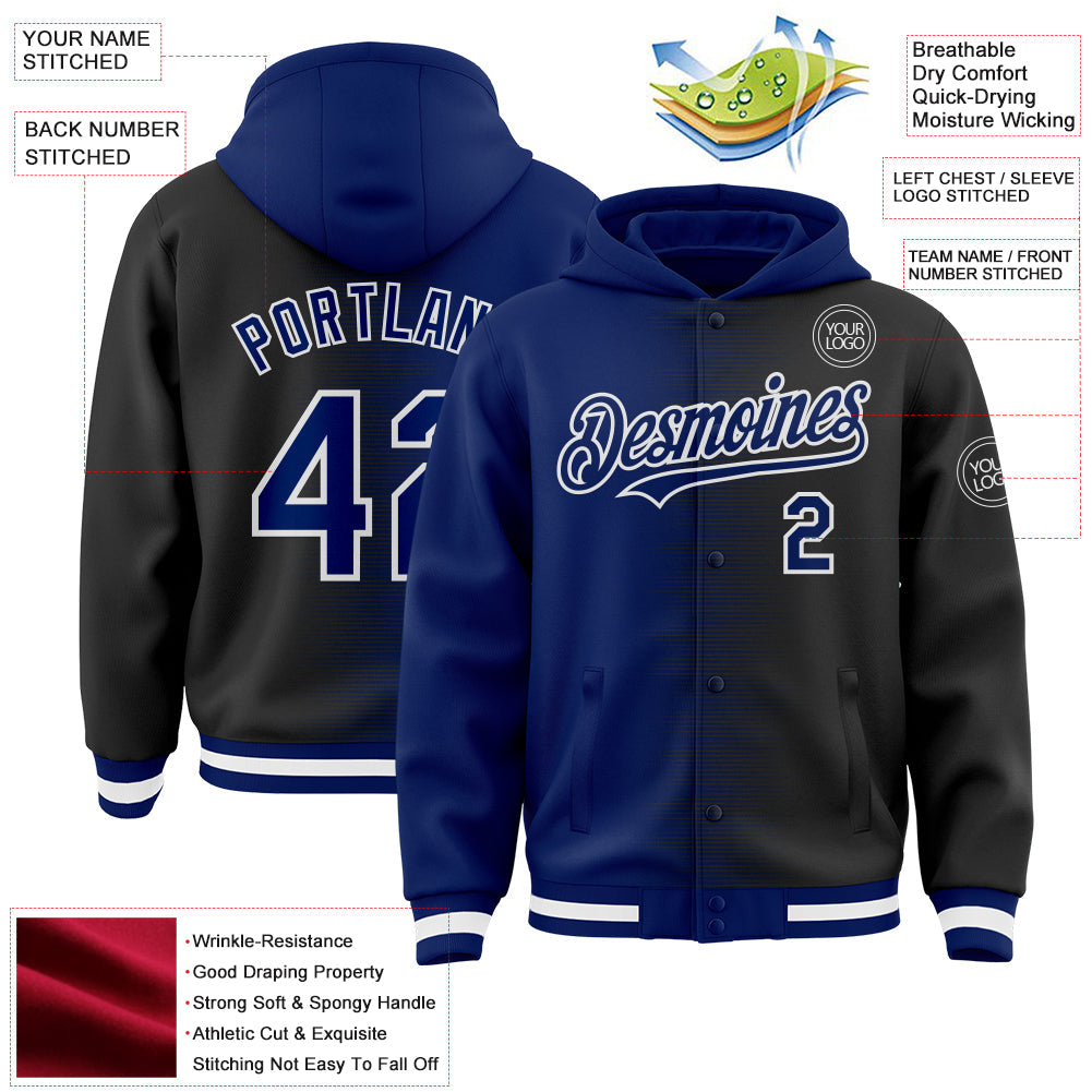 Custom Royal Black-White Gradient Line Bomber Full-Snap Varsity Letterman Hoodie Jacket view 4