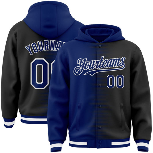 Custom Royal Black-White Gradient Line Bomber Full-Snap Varsity Letterman Hoodie Jacket - Main View