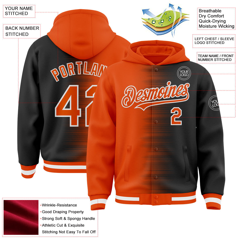 Custom Orange Black-White Gradient Line Bomber Full-Snap Varsity Letterman Hoodie Jacket view 4