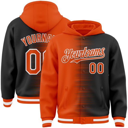 Custom Orange Black-White Gradient Line Bomber Full-Snap Varsity Letterman Hoodie Jacket - Main View