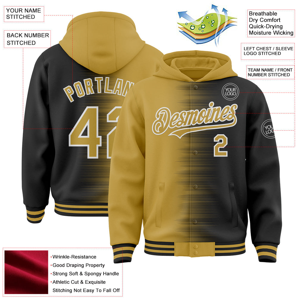 Custom Old Gold Black-White Gradient Line Bomber Full-Snap Varsity Letterman Hoodie Jacket view 4