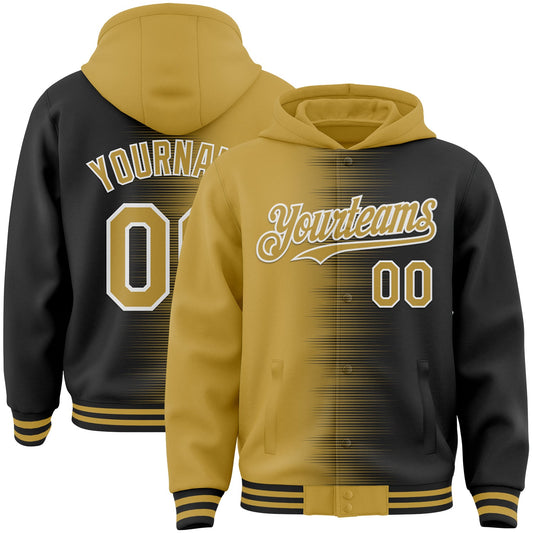 Custom Old Gold Black-White Gradient Line Bomber Full-Snap Varsity Letterman Hoodie Jacket - Main View