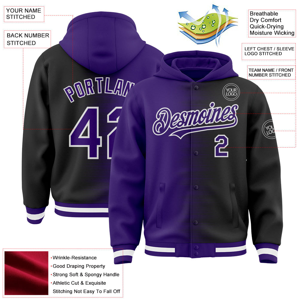 Custom Purple Black-White Gradient Line Bomber Full-Snap Varsity Letterman Hoodie Jacket view 4