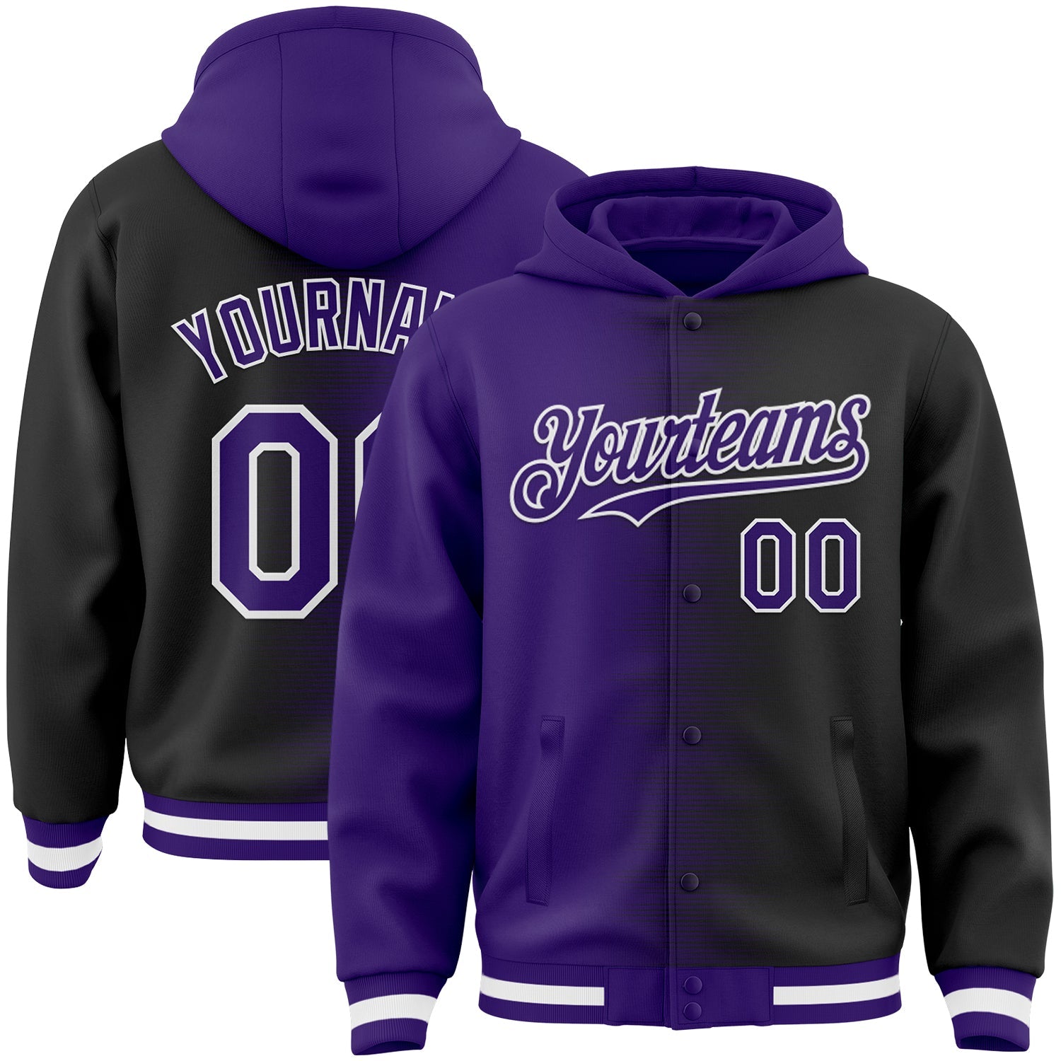 Custom Purple Black-White Gradient Line Bomber Full-Snap Varsity Letterman Hoodie Jacket - Main View