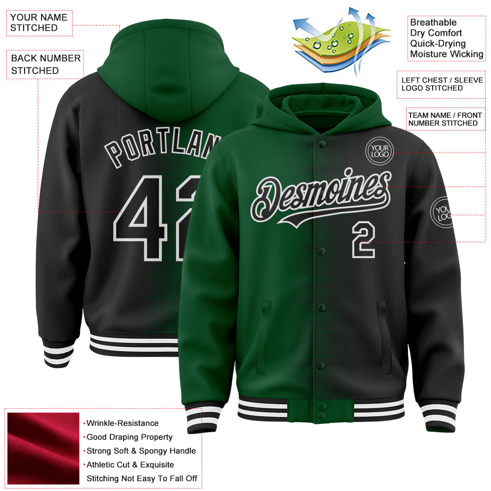 Custom Green Black-White Gradient Line Bomber Full-Snap Varsity Letterman Hoodie Jacket view 4