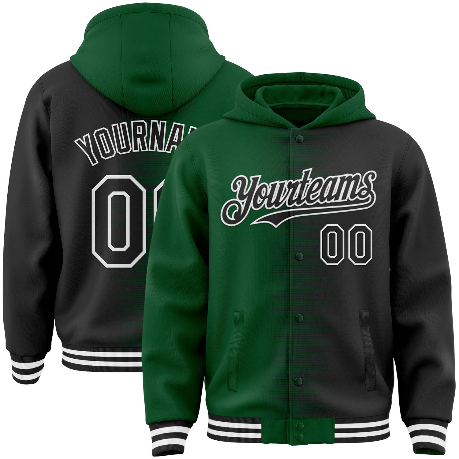 Custom Green Black-White Gradient Line Bomber Full-Snap Varsity Letterman Hoodie Jacket - Main View