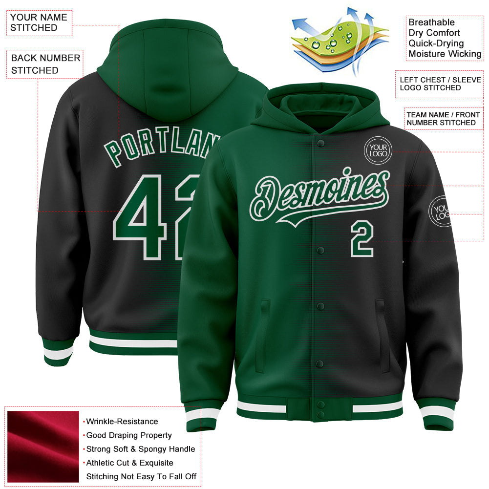 Custom Kelly Green Black-White Gradient Line Bomber Full-Snap Varsity Letterman Hoodie Jacket view 4