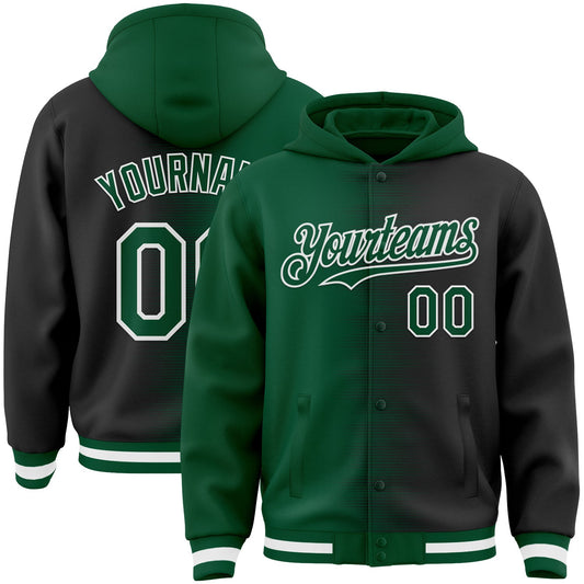 Custom Kelly Green Black-White Gradient Line Bomber Full-Snap Varsity Letterman Hoodie Jacket - Main View