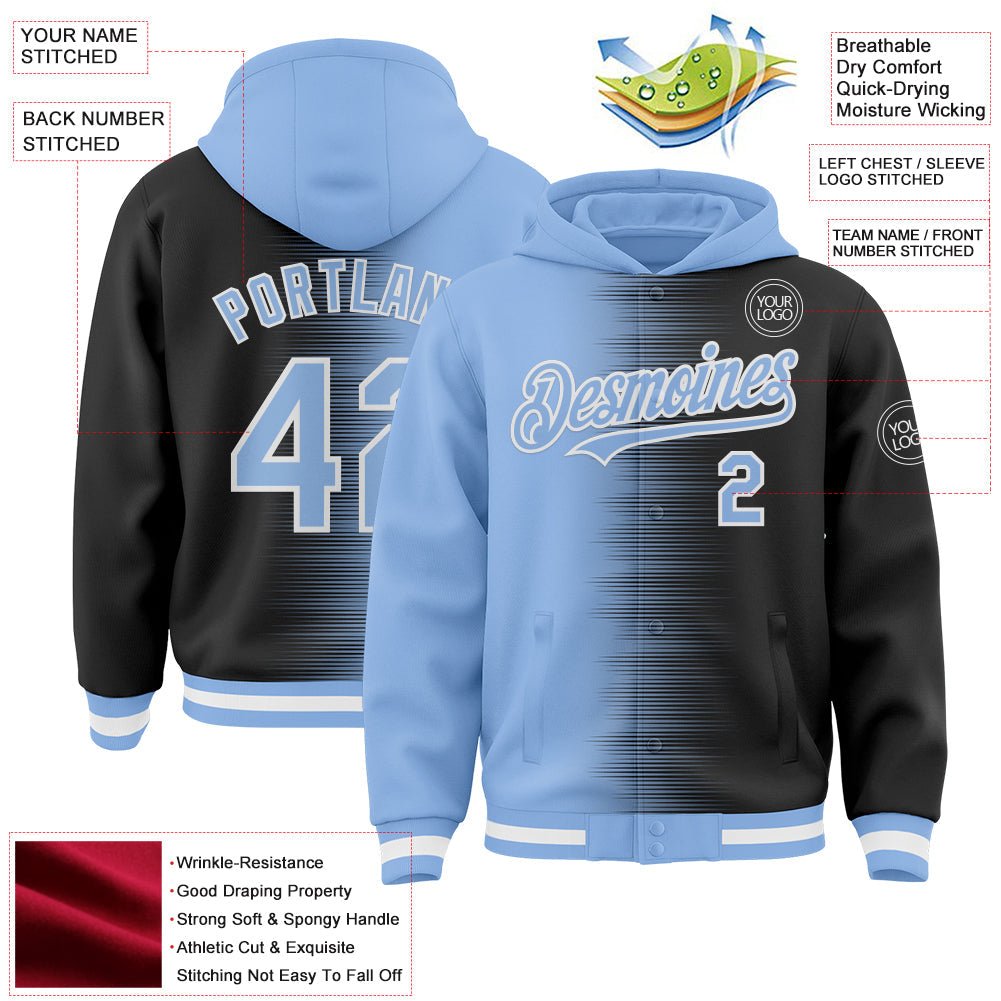 Custom Light Blue Black-White Gradient Line Bomber Full-Snap Varsity Letterman Hoodie Jacket view 4