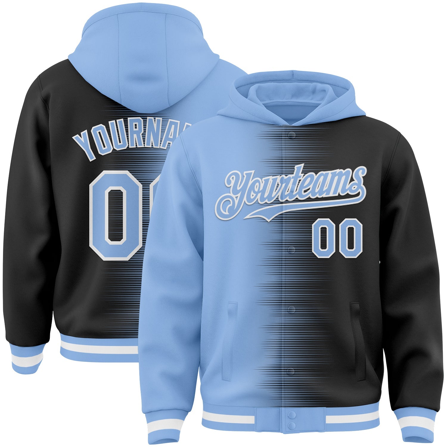 Custom Light Blue Black-White Gradient Line Bomber Full-Snap Varsity Letterman Hoodie Jacket - Main View