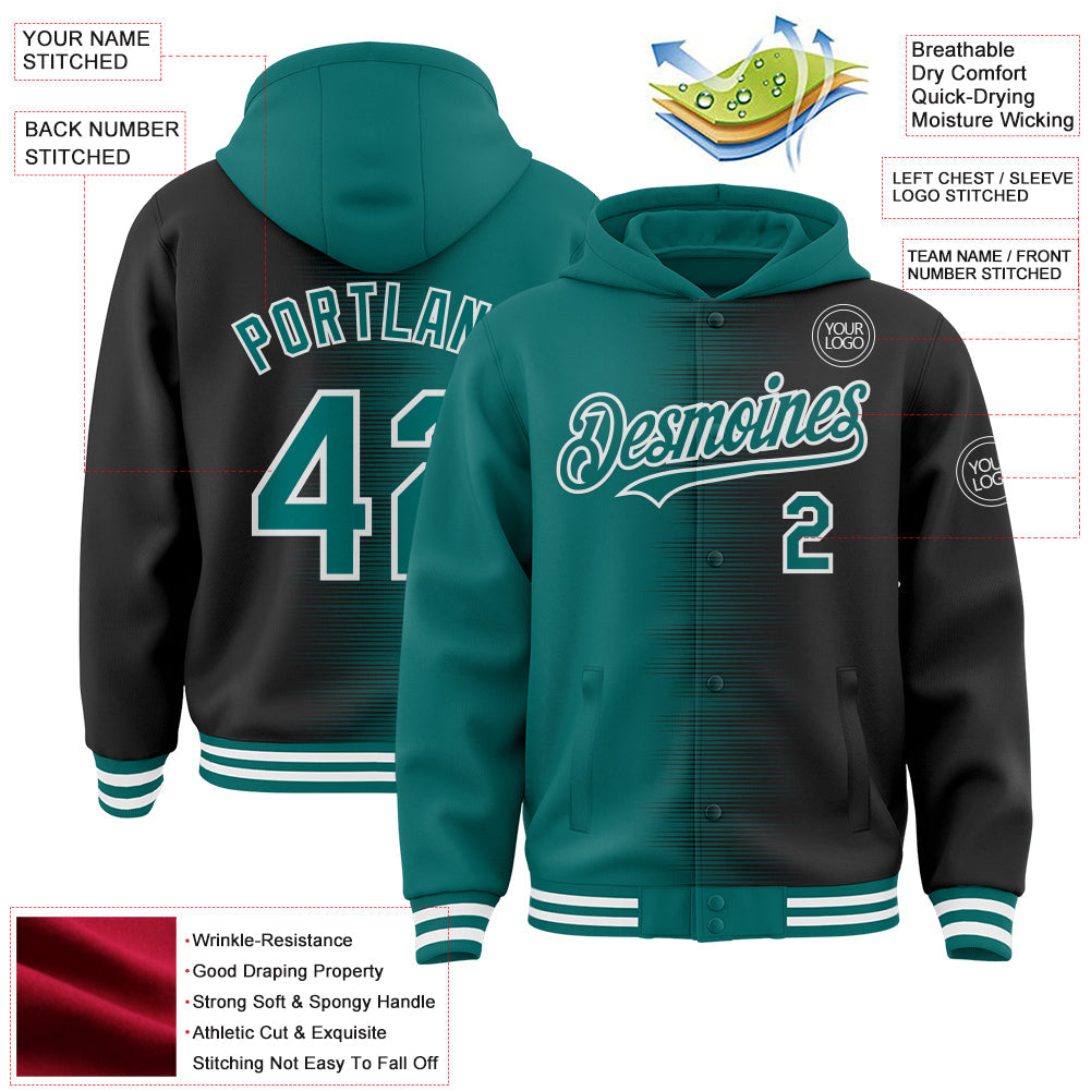 Custom Teal Black-White Gradient Line Bomber Full-Snap Varsity Letterman Hoodie Jacket view 4