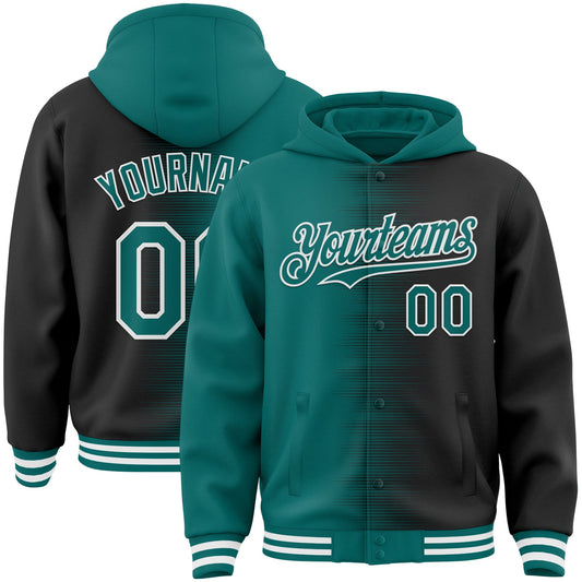 Custom Teal Black-White Gradient Line Bomber Full-Snap Varsity Letterman Hoodie Jacket - Main View