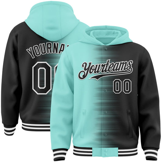 Custom Ice Blue Black-White Gradient Line Bomber Full-Snap Varsity Letterman Hoodie Jacket - Main View