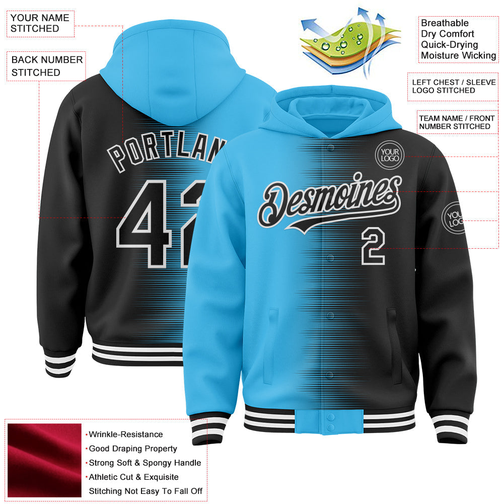 Custom Sky Blue Black-White Gradient Line Bomber Full-Snap Varsity Letterman Hoodie Jacket view 4