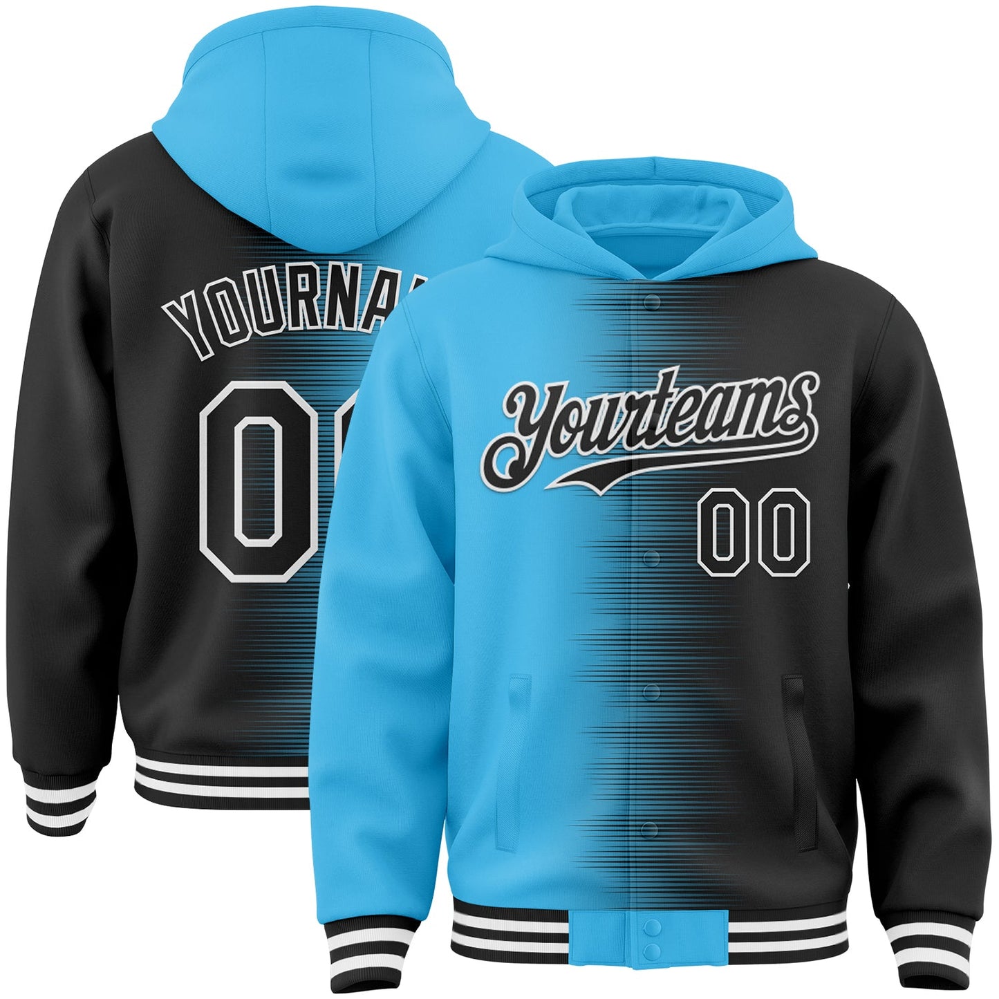 Custom Sky Blue Black-White Gradient Line Bomber Full-Snap Varsity Letterman Hoodie Jacket - Main View