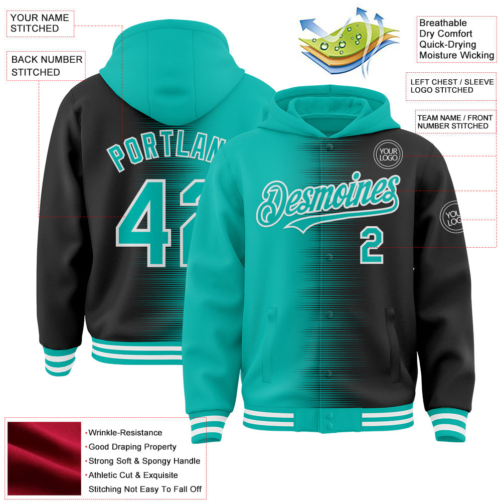 Custom Aqua Black-White Gradient Line Bomber Full-Snap Varsity Letterman Hoodie Jacket view 4